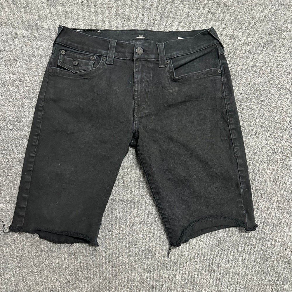True Religion Jeans Mens Size 38 Black Ricky Relaxed Straight Stretch Denim Flap
